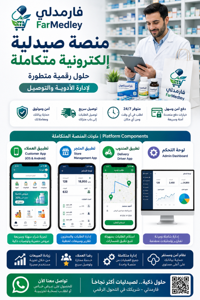 FarMedley منصة صيدلية إلكترونية متكاملة - حلول رقمية متطورة لإدارة الأدوية والتوصيل